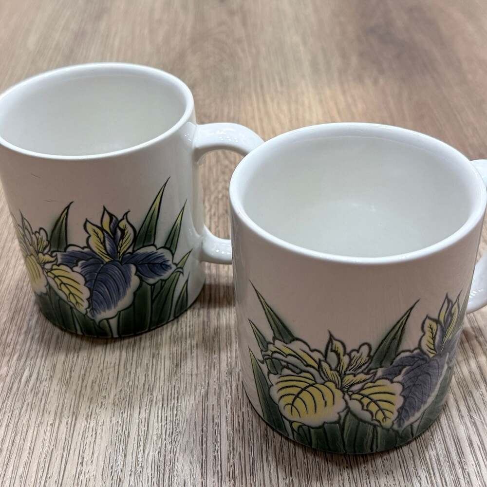 Vintage Floral Iris Ceramic Coffee Mugs, Set of 2